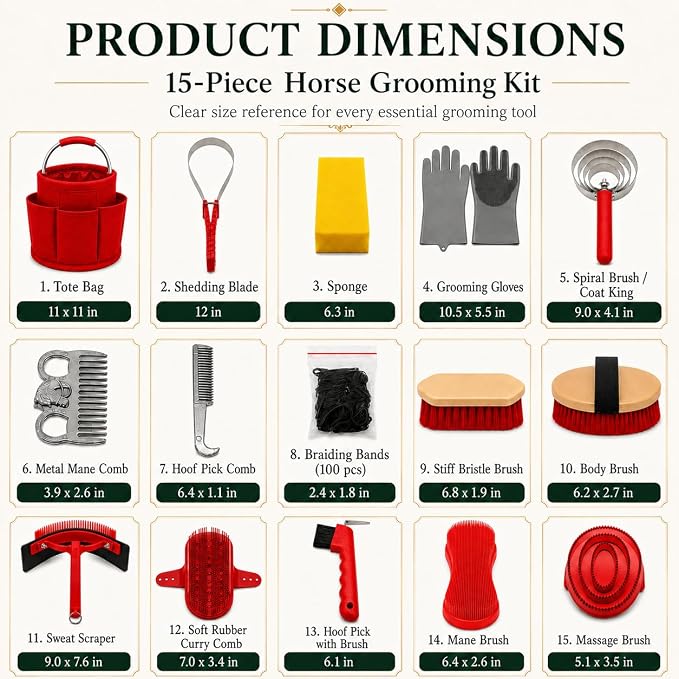 Horse Grooming Kit, 15-Piece Horse Brush Set with Red Tote Bag, Long Shedding Blade, Hoof Pick, Curry Comb, Sweat Scraper, Mane and Tail Comb, Gloves, Equine Grooming Supplies