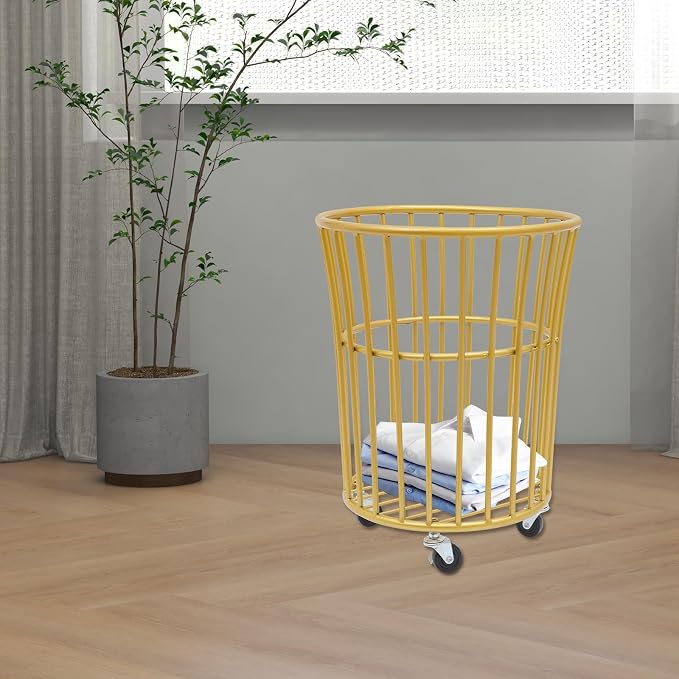 Rolling Laundry Basket with Wheels, Round Barrel Metal Mesh Laundry Hamper Dirty Clothes Basket, Versatile Portable Large Opening Storage Basket for Home, 14.2"×15.7" (Gold-Round Barrel)