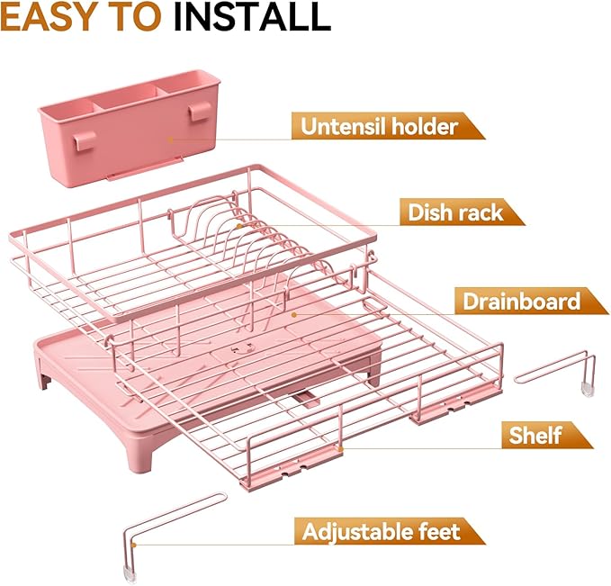 Laveshop Dish Drying Rack - Expandable Rack, Large Capacity Dish Drainer for Kitchen Counter, Rust-Proof with Utensil Holder, Pink