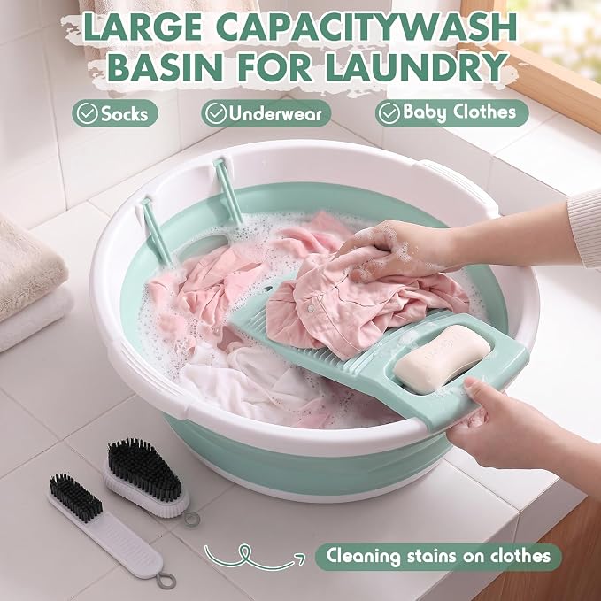 Lounsweer Large Collapsible Washboard Basin for Hand Washing Clothes with 2 Cleaning Brushes Portable Folding Laundry Tub with Non-Slip Washtub for Home Travel Camping(Green)