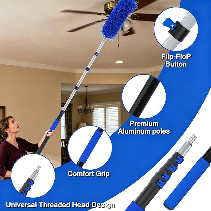 26FT Reach Duster Kit, Window Cleaning with 5-20FT Telescoping Extension Pole, High Ceiling Duster, Microfiber Feather Duster, Cobweb Duster, Window Squeegee, Feather Duster, Extendable Pole Kit