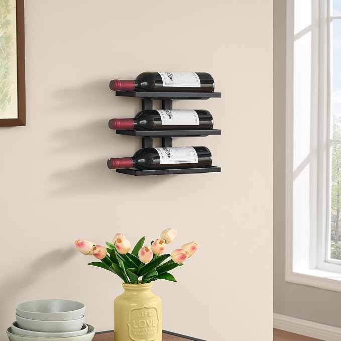 Hoctieon 3 Tier Wall Mount Wine Rack, Wall Racks for Wine Bottles Display and Storage, Hanging Bottle Organizer for Living Room, Dining Room, Wine Cellar, Bar, Black