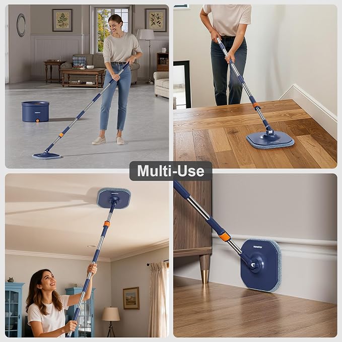 HoMettler Spin Mop and Bucket Set, Mop Bucket with Separate Dirty Water System, Deep-Cleaning Mops for Floors/Wall, Versatile Mops (Spin Mop Set with Triangular Head)