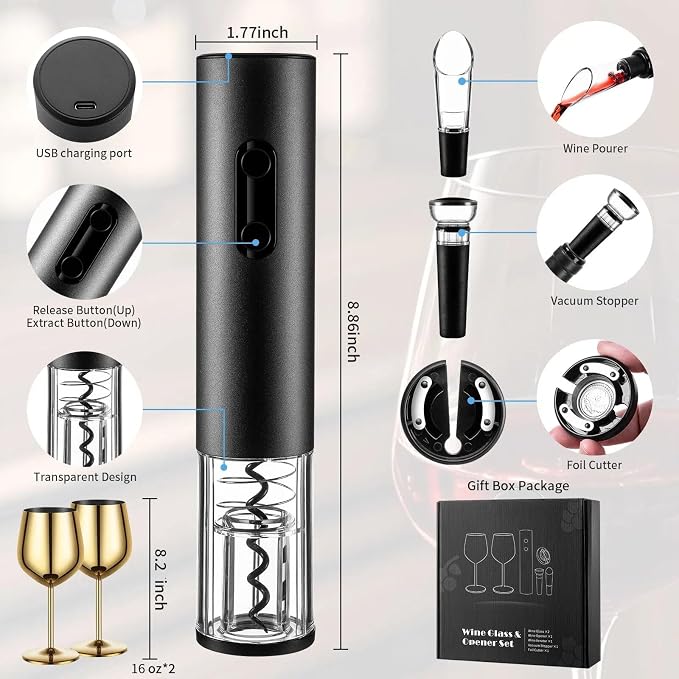 Wine Opener Electric Rechargeable, Automatic Corkscrew Set, Including Gold Wine Glass of 2, Stainless Steel Goblet, Ideal Gift for Wine Lover, Wedding, Birthday, Girl, Men