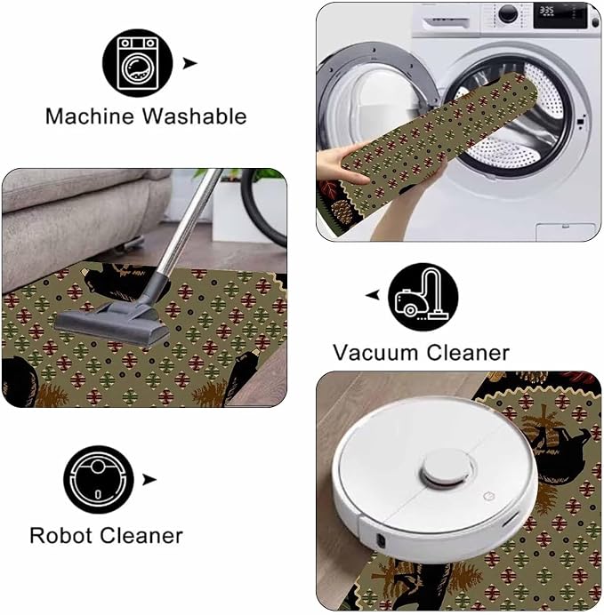 Vintage Lodge Cabin Bear Round Rugs 5ft for Bedroom Non-Slip Luxury Green Hunt Bear Circular Area Rug Office Decor Low Pile Farmhouse Pine Cone Border Carpets