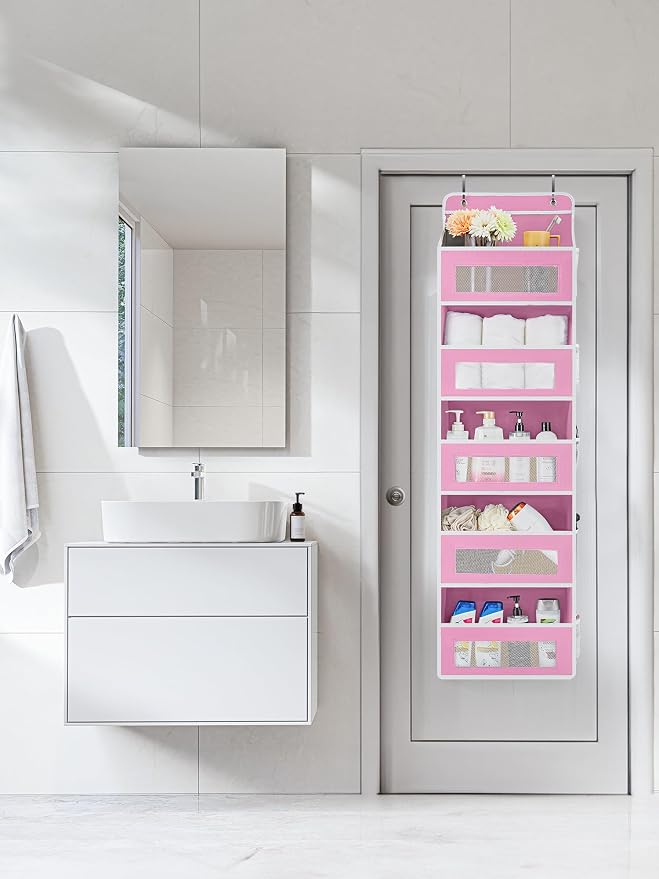 JARLINK Over the Door Organizer for Pantry, Bathroom, 5 Shelf Pink, 2 Pack | Anti-Tilt Design, 44 lb Load Capacity, Hanging Door Organizer with 5 Large Capacity Pockets, Behind Door Storage for Nursery