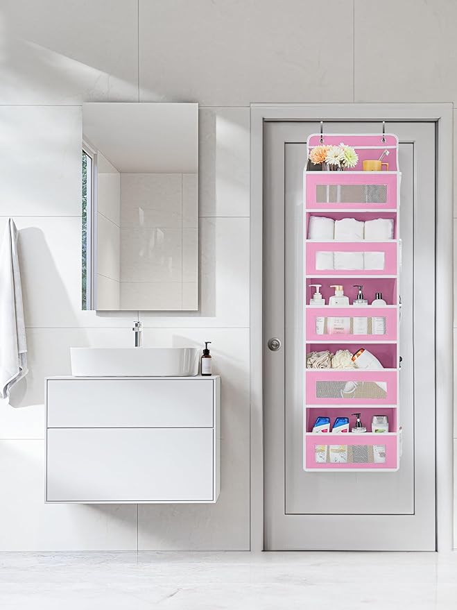 JARLINK Over the Door Organizer for Bedroom, Pantry, Bathroom, 5 Shelf Pink | Anti-Tilt Design, 44 lb Load Capacity, Hanging Door Organizer with 5 Large Capacity Pockets, Behind Door Storage for Nursery