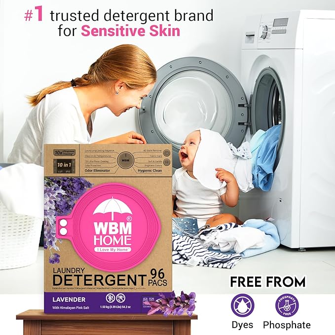 WBM 10-in-1 Laundry Pods with Softener & Scent Booster, 96 Count, High Efficiency (HE), Fabric Softener, Lavender Extracts, Stain Lifter, Eco-Friendly, Gentle, Fresh