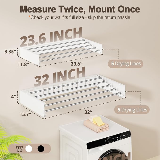 Wall Mounted Clothes Drying Rack Folding Indoor, Foldable Laundry Drying Rack Collapsible, Space Saving, Retractable Towel Drying Rack, with Wall Template(5 Drying Rods, White 23.6")