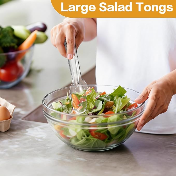 Mwellewm 12 Pc Serving Tongs 9 Inch Bulk Reusable or Disposable Plastic Tongs Heavy Duty Hard Plastic Serving Utensils Set Large Salad Tong for Kitchen Party Food Buffet Appetizer Catering (Clear）