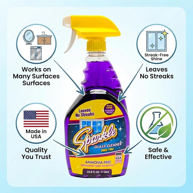 Sparkle Glass Cleaner, Ammonia-Free Streak-Free Formula, 33.8 fl oz Spray Bottle, Safe for Windows, Mirrors & Glass Surfaces (Pack of 6)