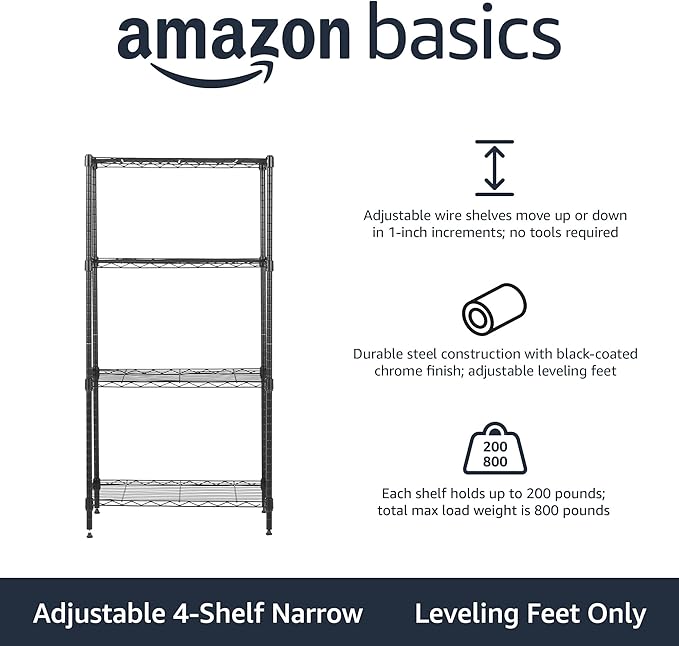 Amazon Basics 4-Shelf Steel Wire Storage Shelves for Garage, Adjustable Metal Shelving Unit, 200 lbs Per Shelf, 23.2" W x 48" H x 13.4" D, Black | Sturdy