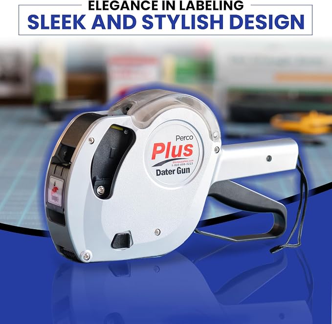 Perco Plus 1-Line Date Marking Gun with Labels Kit - Compares to Monarch 1131-01 Band Includes 1-Line 8-Character Band Date Labeler Gun, 9,000 Blank White Labels, a Label Scraper, and an Extra Inker