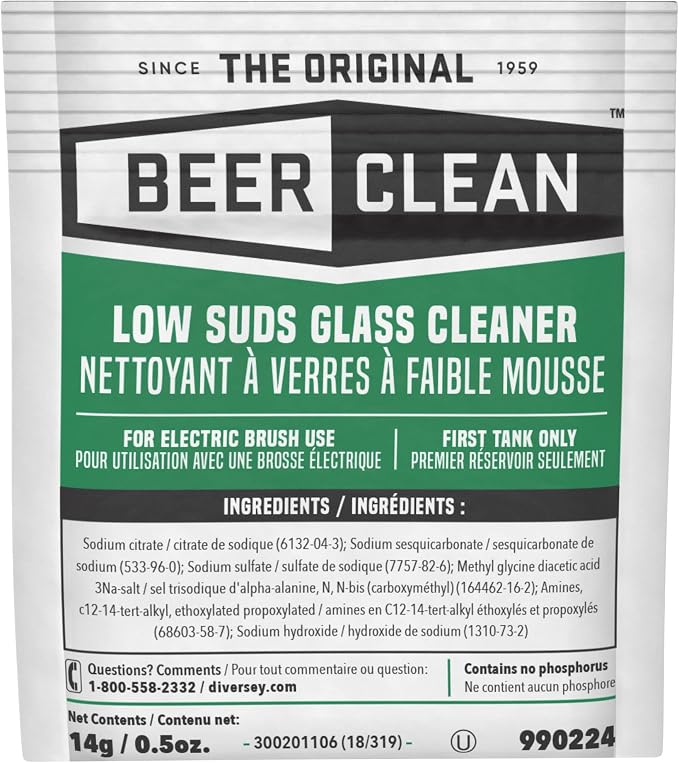 BEER CLEAN Diversey 990224 Low Suds Glass Cleaner for Electric Brushing, Portion Control Bar Glass Washing Powder, Unscented, Packet, 0.5-Ounce (Pack of 100)