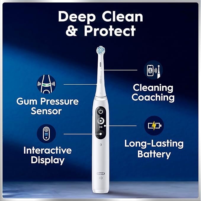 Oral-B Rechargeable Electric Toothbrush, iO7 Limited Deep Clean + Protect, 5 Cleaning Modes, Interactive Display, Visible Pressure Sensor, 2 Brush Heads, Charging Travel Case, White