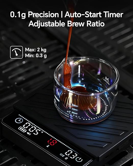 Espresso Mini Coffee Scale with Timer & Flow Rate Indicator - 2kg/0.1g Precision Digital Scale with Waterproof Silicone Mat for Pour Over, Coffee Bean Weight, Kitchen, Black