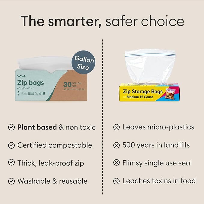 Vove Compostable Gallon Bags 30 Ct, Heavy-Duty Plastic-Free Zip Bags for Bulk Food Storage and Freezer Meal Prep, PFAS-Free and BPI Certified, Leakproof Airtight Seal, Plant-Based