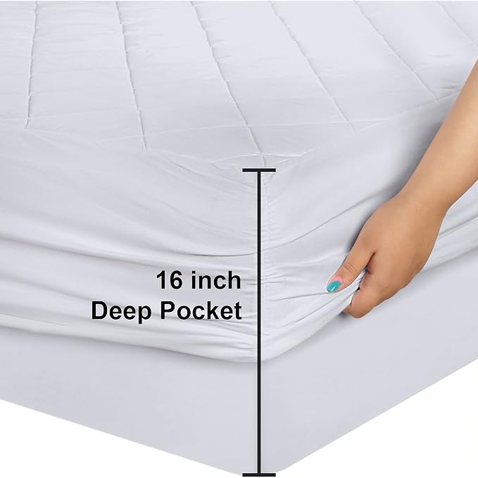 Quilted Fitted Mattress Pad, California King Mattress Protector Topper with Deep Pocket Stretches up to 16 Inches, Machine Washable Mattress Cover by Utopia Bedding (White)