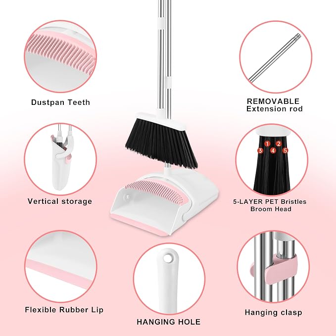 Broom with Dustpan Combo Set for Home, 52-in Long Adjustable Handle Angle Broom and Dustpan Set with Dustpan Comb Teeth for Sweeping Pet Hair Food Dirt Kitchen (White-Pink)
