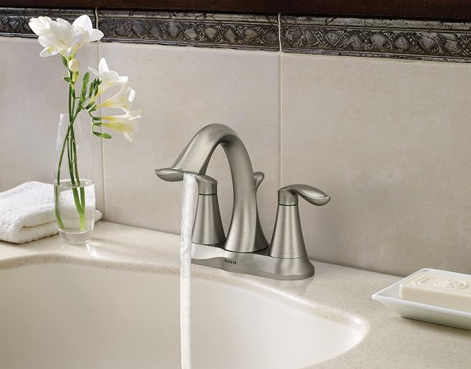 Moen Eva Brushed Nickel Two-Handle 4-Inch Centerset Bathroom Faucet with Drain Assembly, for 3-Hole Sink, 6410BN + Bathroom Single Post Hand-Towel Ring, YB2886BN