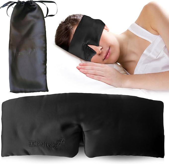 Better zzZ 100% Pure Mulberry Silk Sleep Mask for Women & Men – Adjustable Velcro Strap, Total Blackout, No Pressure Eye Mask for Deep Sleep & Travel Pouch Included - (Black)