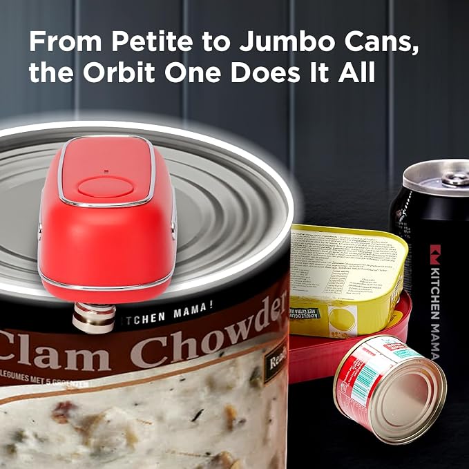 Kitchen Mama Orbit One Rechargeable Electric Can Opener, Red | Hands-free, USB-C Charging, Automatic Stop, Smooth Edge, Storage Box