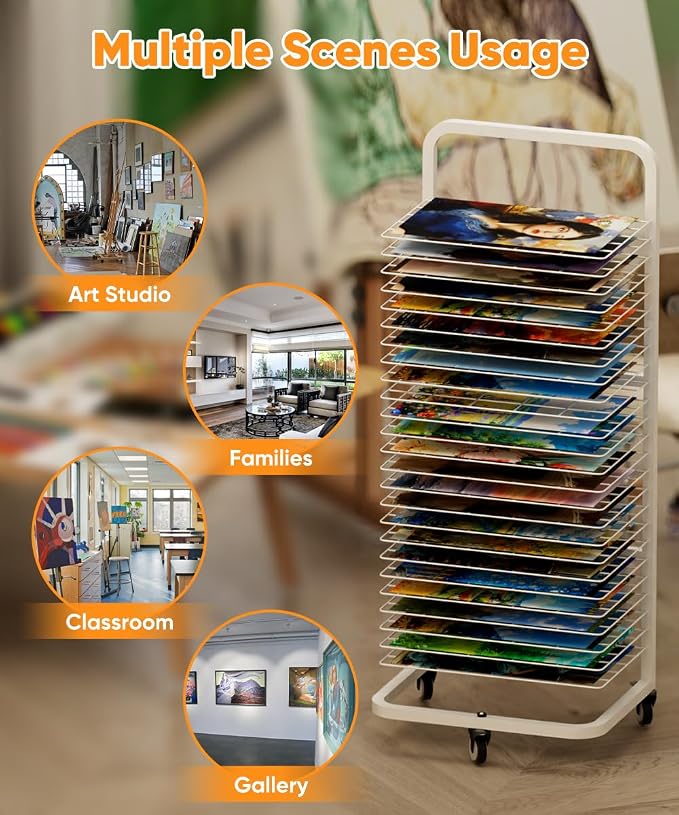 Art Drying Rack with 25 Removable Shelves, Mobile Metal Paint Drying Stand with Lockable Wheels, Functional Canvas Rack Art Storage for Artwork in Classrooms, Art Studios and Schools, White