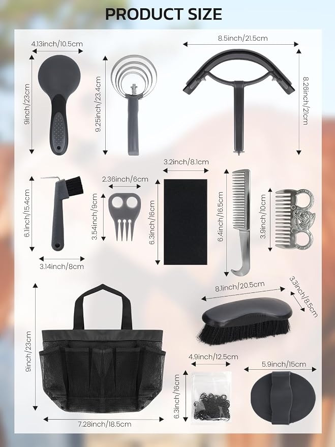 Horse Grooming Kit 12 Pieces Set – Complete Horse Brushes & Care Supplies Set with Organizer Tote Bag, Equine Coat Grooming Tools, Tack Room Equipment & Gifts for Horse Owners & Lovers