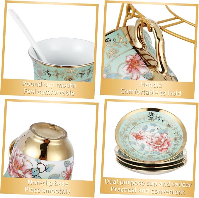 Zhehao 20 Pcs Porcelain Tea Set with Metal Holder and Spoon Adult Ceramic Tea Set European Flower Painting Teapot Cup Saucer Spoon for Women Mom Gift, Large Version (Fresh Style)