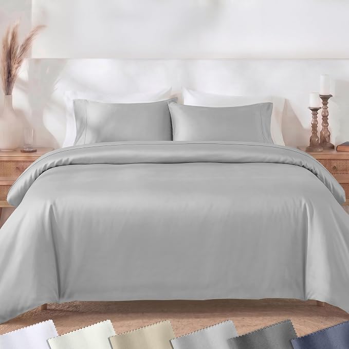 California Design Den 3 Pc King Size Duvet Cover Set -Winner Good Housekeeping Best Bedding Awards 2025, 400 Thread Count, 100% Cotton,Sateen Duvet Cover Cotton,Button Closure, Corner Ties-Light Grey