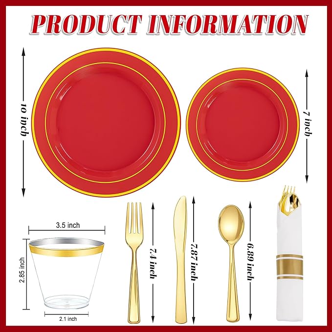 WDF Partyware 175 Pieces Red Plastic Plates with Gold Rim Include Dinner Plate 10" Dessert Plate 7" gold Cups 9 OZ, Pre Rolled Napkins 25 of each type for Wedding/Party/Birthday