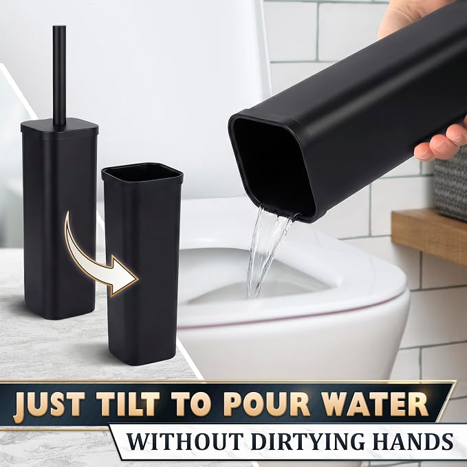 Black Toilet Brush with Square Stainless Steel Holder - Freestanding Toilet Brush and Holder Set Black - Removable Plastic Inner Cup, Splash Guard Cover, Replaceable Head, Corrosion Resistant Finish
