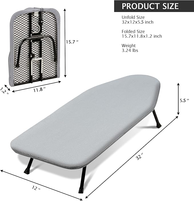 SheeChung Small Ironing Board 12"x32",Mini Ironing Board with Metal Mesh | Foldable,Tabletop,Hanging Hook,Cotton Cover,Heat Resistant Pad,Space Saving,Non-Slip Feet,Fits for Dorm Travel Sewing Room
