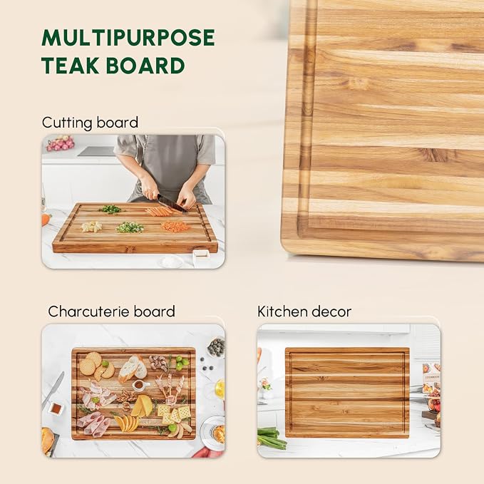 Large Teak Wood Cutting Board with Juice Groove (22x16x1.25", L) | Durable large wooden cutting board for kitchen, butcher block, serving board, charcuterie platter. Gift box included