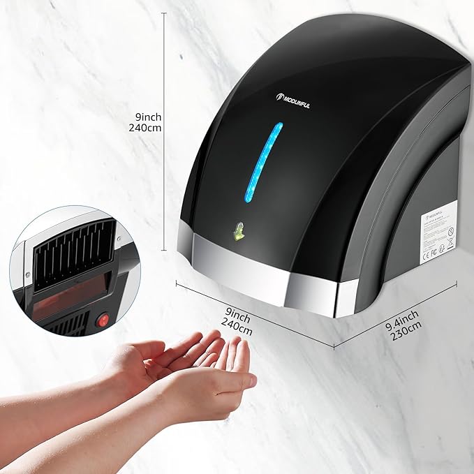 Black Hand Dryers for Bathrooms Commercial - modunful Electric Hand Dryer Touchless, Extra Quiet Low Noise(40db), Wall Mounted Type(1600W)