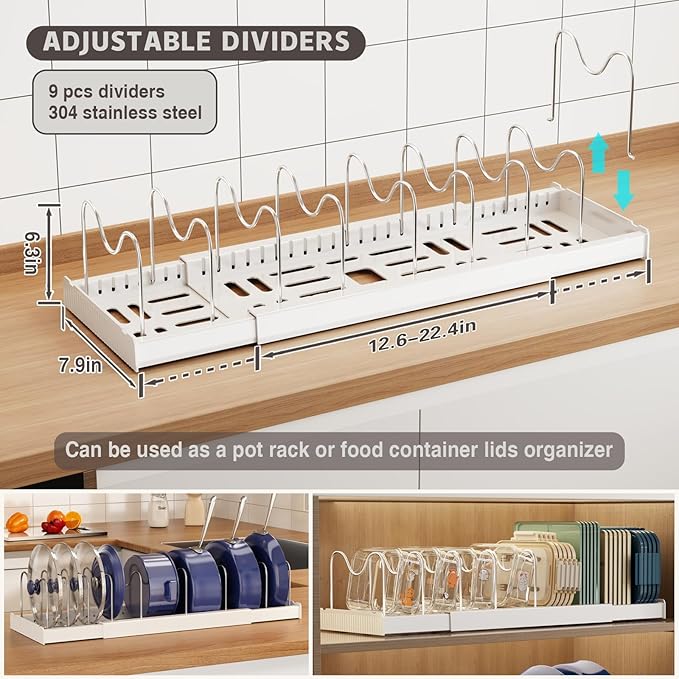 Magheo Expandable Food Storage Container Lid Organizers, 22" Pots and Pans Organizer Under Cabinet with 9 Adjustable Dividers Pot and Pan Lid Holders Rack Inside Cabinet(White,1 Pack)