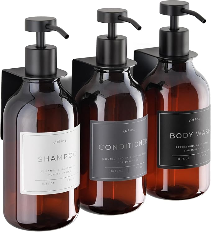Shower Shampoo Dispenser Wall Mounted – 3 Refillable 16.9 oz Amber Bottles with Stainless Steel Pumps & No-Drill Adhesive Holders – Soap Dispenser Set for Bathroom (3 X Amber/Black)
