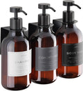 Shower Shampoo Dispenser Wall Mounted – 3 Refillable 16.9 oz Amber Bottles with Stainless Steel Pumps & No-Drill Adhesive Holders – Soap Dispenser Set for Bathroom (3 X Amber/Black)