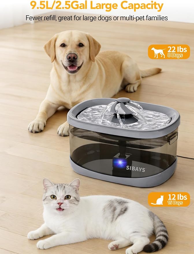 SIBAYS 9.5L Dog Water Fountain for Large Dogs, 2.5Gal Large Capacity Pet Water Fountain with 3 Flow Modes and LED Light, Automatic Ultra Quiet Dog Water Bowl Dispenser, Easy to Clean (FS82, Grey)