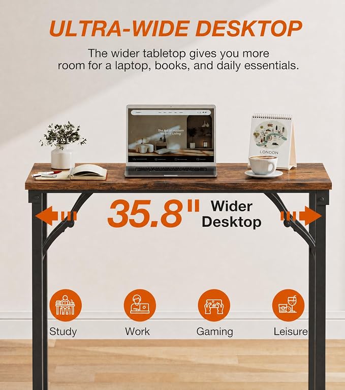 XBurmo Folding Desk Foldable Table, No Assembly 35.8" Foldable Desk Space-Saving Workstation for Small Space, Computer Table, Flat Storage for Home Office, Bedroom, Dorm, Study Room, Rustic Brown