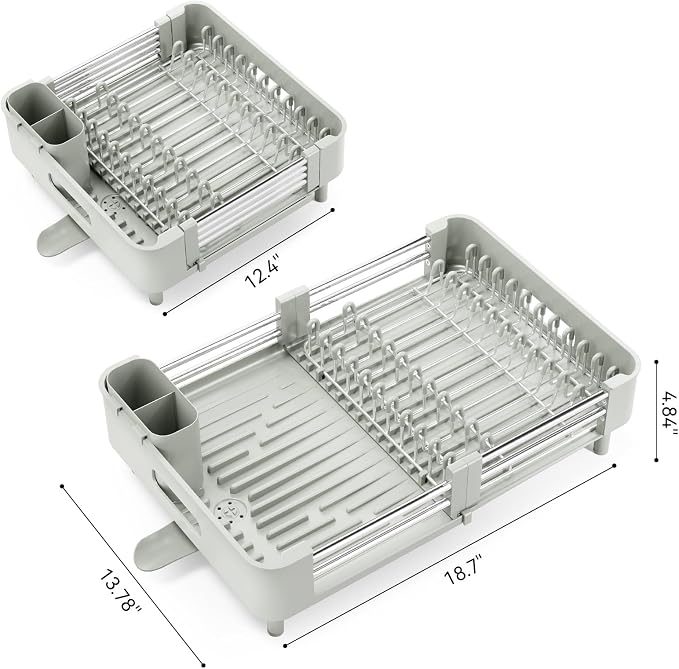Urackify Extendable Dish Drying Rack, Dual Part Dish Drainers with Non-Scratch and Movable Cutlery Drainer and Drainage Spout, Adjustable Dish Rack for Kitchen, Gray & White