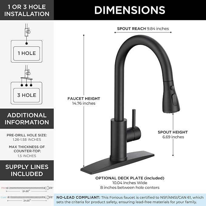 FORIOUS Black Touch Kitchen Faucet with Pull Down Sprayer, Touch Activated | High Arc Kitchen Sink Faucet with Deck Plate, Stainless Steel, Single Hole, Single Handle, Fit for RV Bar Farmhouse Laundry