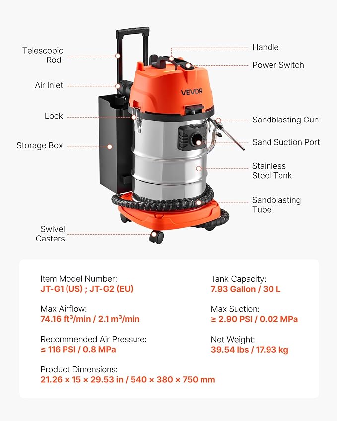 VEVOR Walnut Blaster Kit for Carbon Cleaning, 1200W Sand Blaster with Built-in Vacuum, Extension Nozzle Sandblaster Gun, and 5.5lbs Walnut Shell for Engine Intake Valve Cleaning - 30L | Large Capacity & High-Efficiency Cleaning