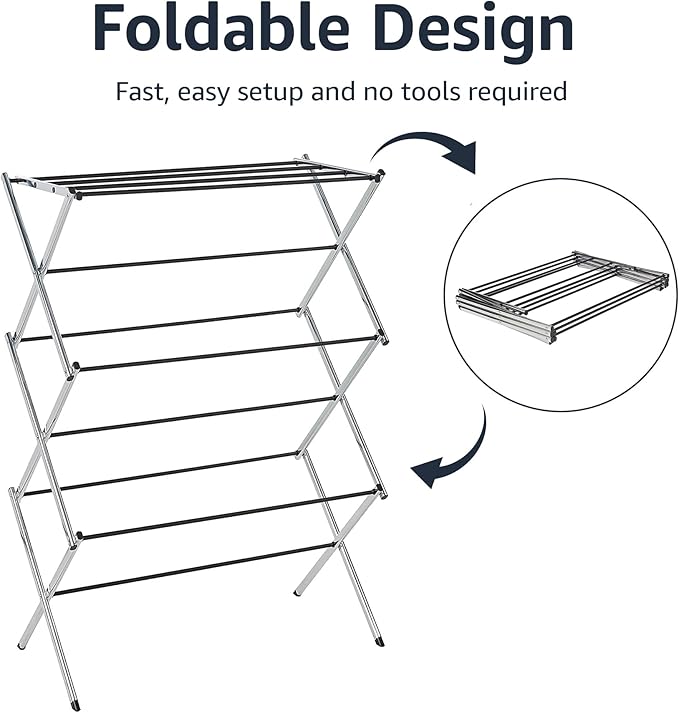 Amazon Basics Foldable Portable Metal Clothes Drying Rack for Indoor Air Drying, Energy Saving, 14.5 x 29.5 x 41.8 inches, Chrome Silver