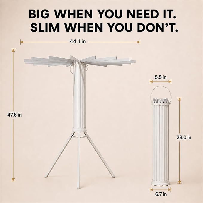 Clothes Drying Rack Foldable, Portable Laundry Drying Rack for Clothes with 16 Aluminum Rods & 48 Windproof Slots, Collapsible Tripod Dry Rack for Apartment, RV, Balcony