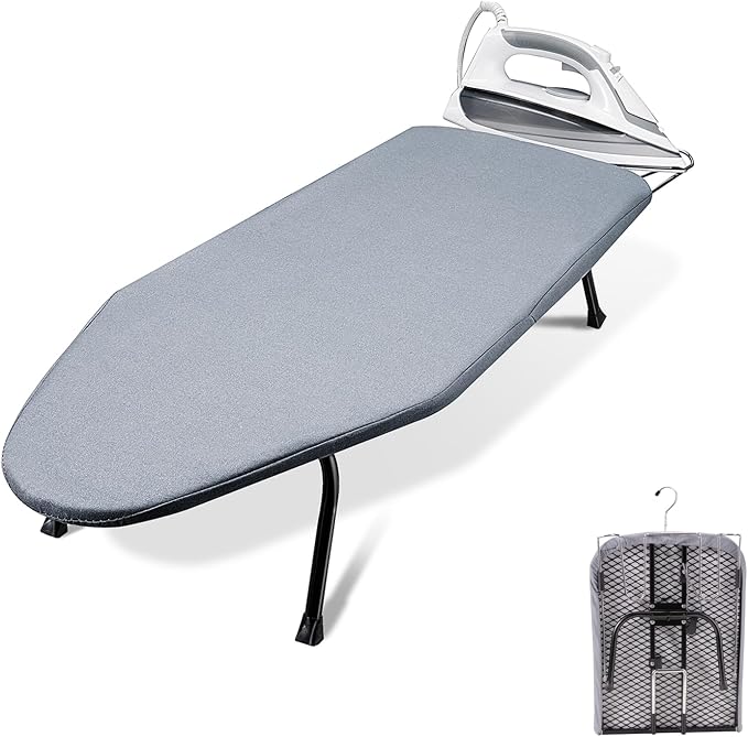 SheeChung Small Ironing Board with Rest,Mini Foldable Iron Board,32" Lx12 W | Metal Mesh Panel,Non-Slip Feet,Heat Resistant Cover & Pad,Hook for Hanging,Tabletop Iron Board for Dorm Apartment Small Space