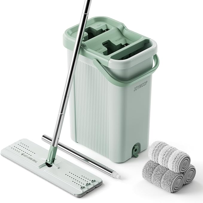 JOYMOOP 8L Large Capacity Flat Mop System, Light Green | Extension Handle, Floor, Window, and Wall Cleaning, 3 Washable Microfiber Pads, Wet and Dry Use