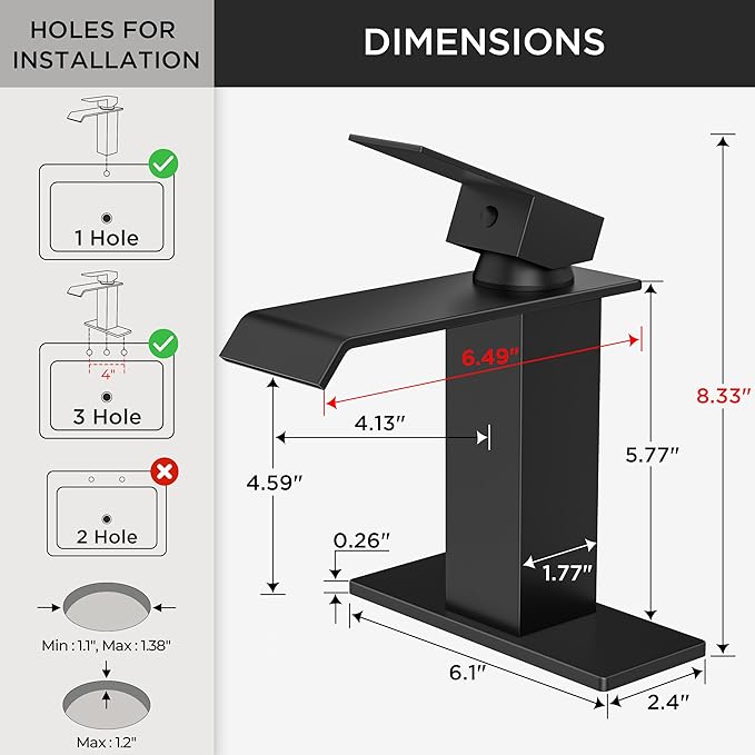 FORIOUS Bathroom Faucet Matte Black Modern Waterfall Bathroom Sink Faucet 1 or 3 Hole Single Handle with Deck Plate and Drain, Suitable for Vanity Rv Camper Commerical