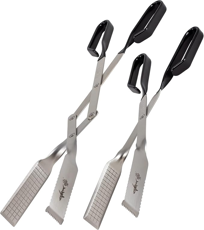 Tongs for Steaks, 2-Pack 17" & 13" Professional Kitchen and Outdoor Grilling Utensil Set, by Shark BBQ Grill Tongs -(Black)