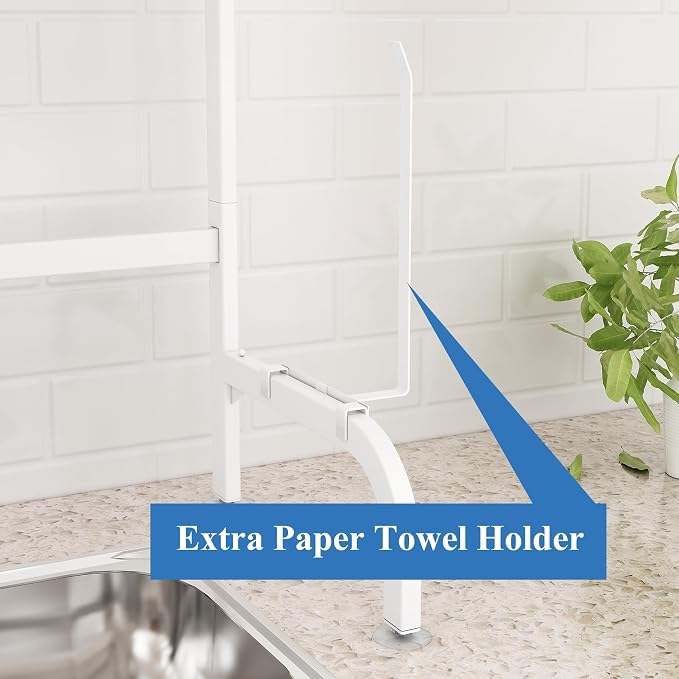 Over The Sink Dish Drying Rack, Adjustable (25.5 to 36.5 inch) 2 Tier Metal Steel Dish Drying Racks for Kitchen Counter with Hooks Paper Towel Utensil Cup Holder Sink Caddy (White) | All-in-One Large Capacity, Snap-On Design for Flexible Use, Strong Me...